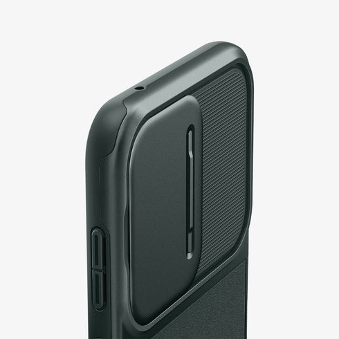 ACS05639 - Galaxy S23 Ultra Case Optik Armor in black showing the back with lens protector slot open